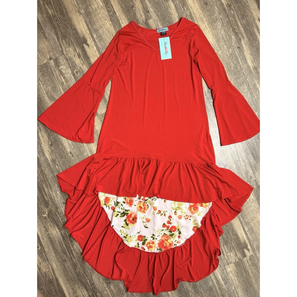 Rodeo Fox Red High Low Dress M Bell Sleeve Ruffle Floral Western Boho NWT USA